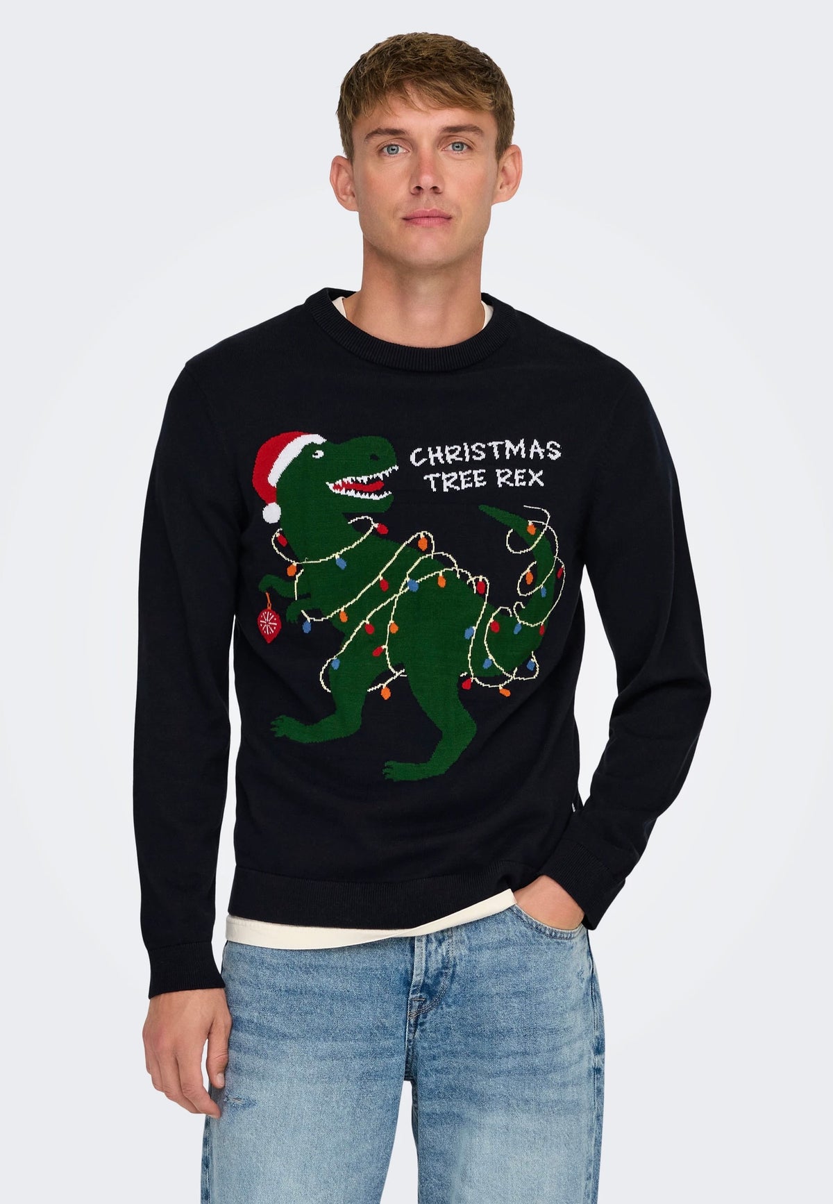 Only & Sons Xmas Reg 5 Placement Dark Navy T-Rex Pullover