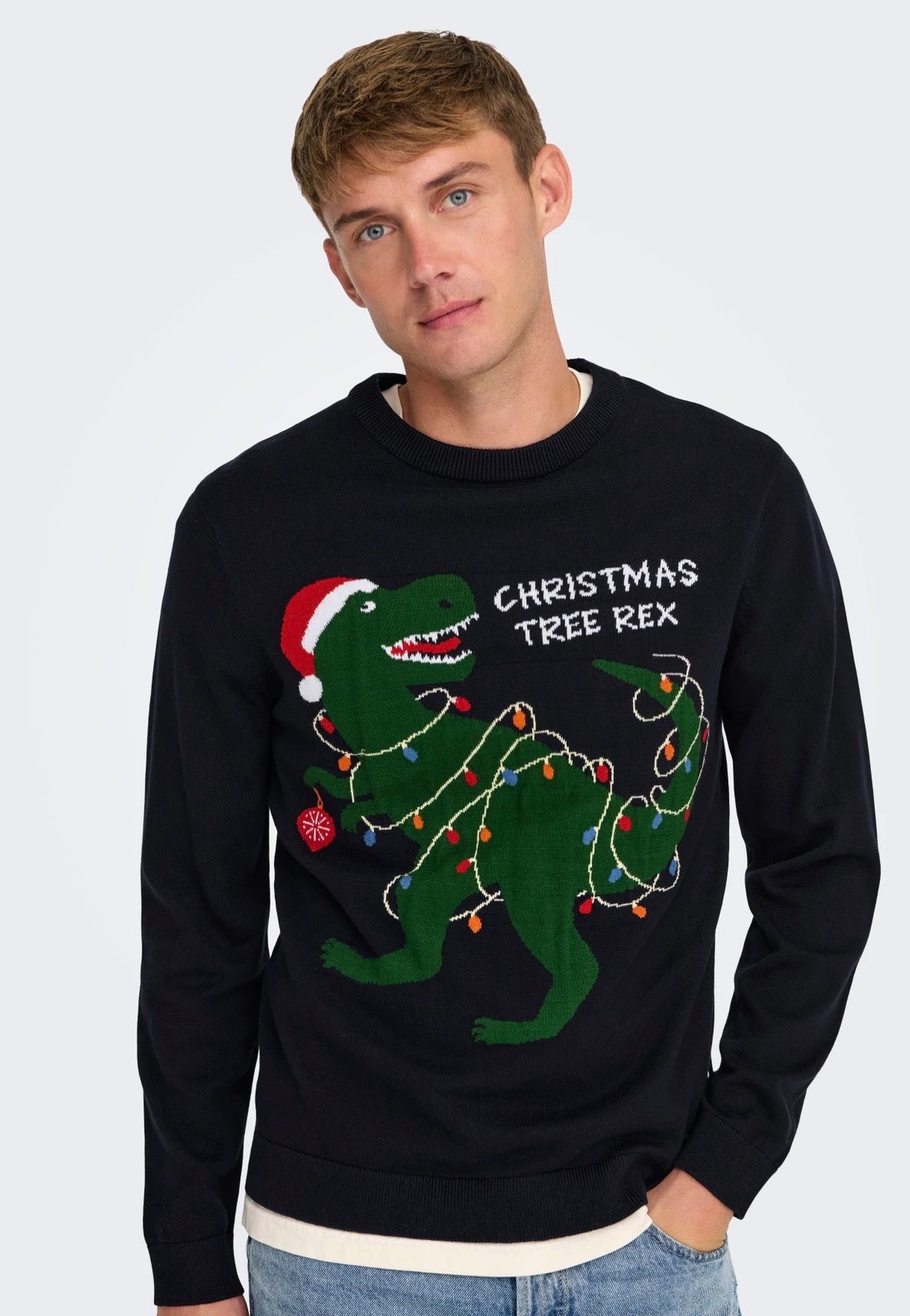 Only & Sons Xmas Reg 5 Placement Dark Navy T-Rex Pullover
